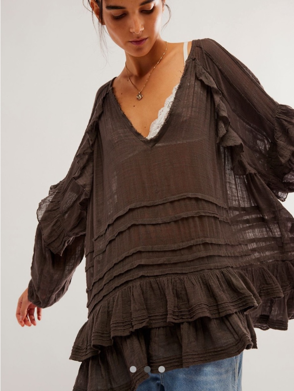 FP Boho Ruffle Peasant Blouse or dress in Charcoal Gray